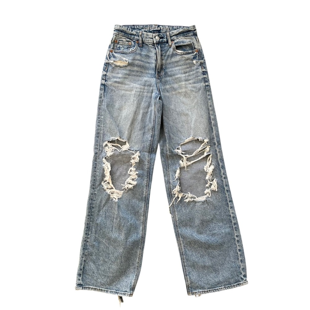 🌟 American Eagle Curvy Super High Rise Baggy Straight Jeans Size 0 Stretch Chic